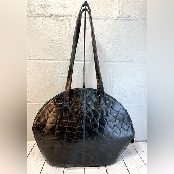 Furla Vintage Italian Embossed Reptile Black Leather Shoulder Bag - Picture 1 of 10
